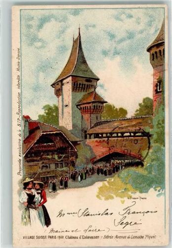 Paris 1901 Chateau d`Estavazer Entree Avenue de Lamothe Piquet Village Suisse Weltausstellung Paris Tracht 1900 sign.