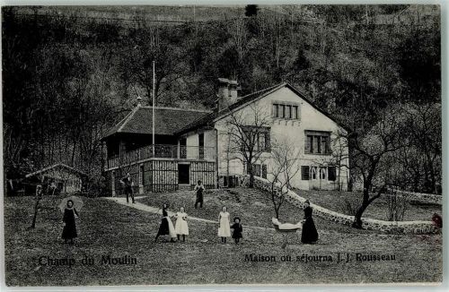 Champ-du-Moulin 1906 Maison ou sejourna Jean Jaques Rousseau Kinder Frau Tracht Kinderwagen