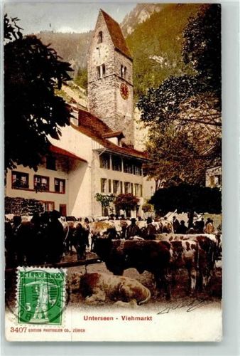 Unterseen 1909 Viehmarkt Turm Kühe Uhr
