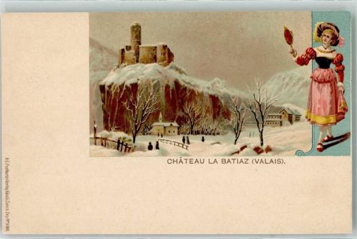 Martigny Chateau La Batiaz Valais Schnee Winter Frau Tracht Spiegel