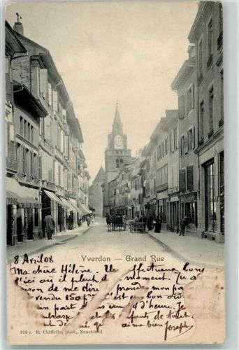 Yverdon-les-Bains 1908 Grand Rue Kirche Geschäfte