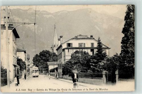 Bex 1906 Entree du Village La Croix de Javernaz et la Dent de Morcles Tram Straßenbahn Kirche Fahrrad