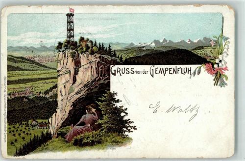 Gempenfluh 1904 Gasthaus Aussichtsturm Blumen Mann Frau Fahne Berge Lithographie