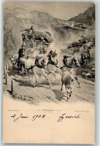 1902 Gotthardpost Postkutsche Kühe sign. R. Kailer