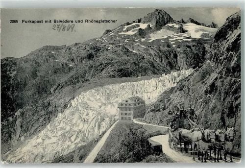 Oberwald 1909 Furkapost mit Hotel Belvedere und Rhonegletscher Postkutsche Obergoms