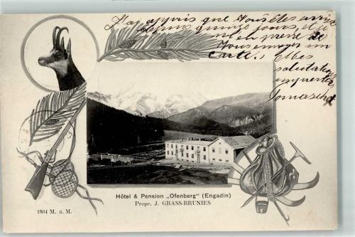 Zernez 1909 Hotel u. Pension Ofenberg Ort lt. Stempel Gewehr Schneeschuhe Rucksack Pickel Gams
