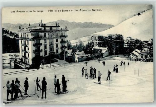 Les Avants 1913 Winter l`Hotel de Jaman et les Alpes de Savoie Skifahrer