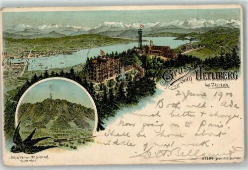 Uetliberg 1900 Hotel mit Aussichtsturm Schwalbe Eisenbahn Lithographie