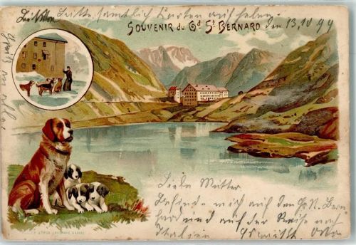 Bourg-St-Pierre 1899 St. Brenhard Bernhardiner Hunde Hospice Mönche Lithographie