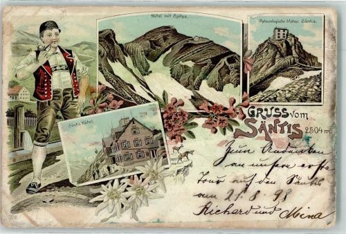 Urnäsch 1898 Hotel mit Spitze Meterologische Station Säntis Säntis Hotel Tracht Lithographie