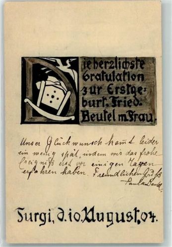 Turgi 1904 Handgemalt Wiege Glückwunsch Erstgeburt Friedr. Beutel