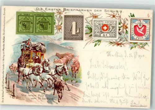1900 sign Koller Briefmarkenabbildungen Die ersten Briefmarken der Schweiz Postkutsche Die letzte Post vom St. Gotthard
