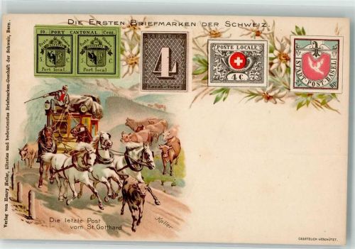 sign Koller Briefmarkenabbildungen Die ersten Briefmarken der Schweiz Postkutsche Die letzte Post vom St. Gotthard