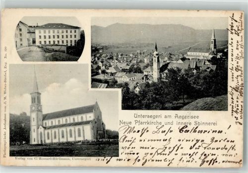 Unterägeri 1902 Kirche Fabrik Innere Spinnerei Foto AK