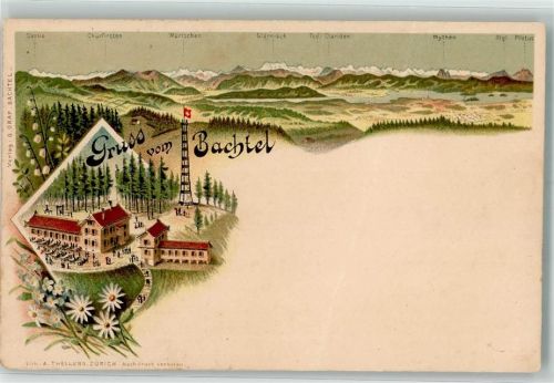 Hinwil 1899 Gasthaus Gruß vom Bachtel leichter Mittelbug Lithographie