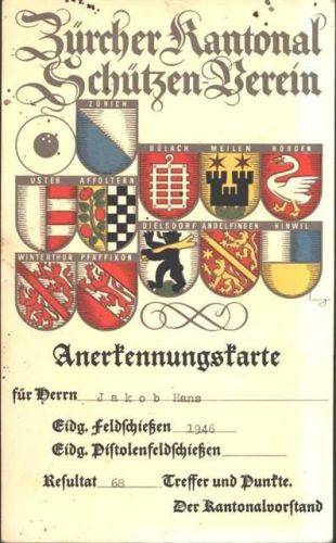 Annerkennungskarte 1946 Feldschießen, KEINE AK, ca. 19,5x12 cm; Eckloch
