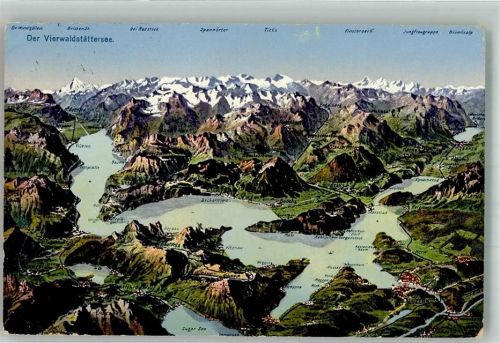 Beckenried 1923 Vogelschau Vierwaldstättersee Schiffspost Flüelen