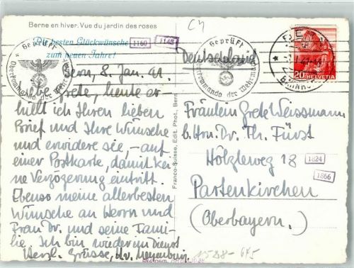 Bern Geprüft Stempel Oberkommando der Wehrmacht WK II Glückwunsch Neujahr Winter