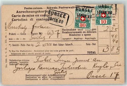Sursee 1920 Anrechnungskarte Mischfrankatur