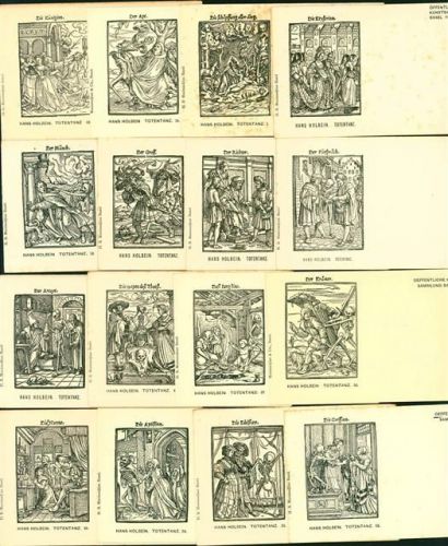 4000 Basel Bâle Künstlerkarte Hans Hohlbein, der Toten Tanz / Repros v. Original Holzschnitten / öffentliche Kunstsammlung Basel Lot mit 40 AK vollständige Serie in Original Mappe; AK´s überwiegend gute Erhaltung, Mappe beschädigt