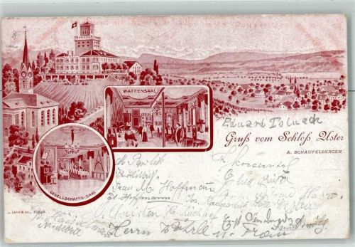 Uster 1910 Gruss vom Schloss Waffensaal Gesellschafts Saal Kronleuchter Kirche A. Schaufelberger