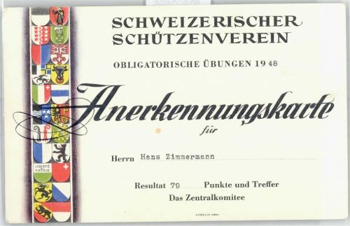 Schweizerischer Schützenverein Anerkennungskarte 1948