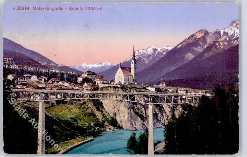Scuol 1919, Brücke, Fluss, Kirche, Unterengadin