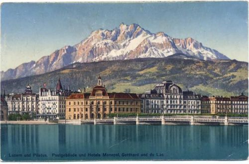 1927 Luzern und Pilatus, Postgebäude und Hotels Monopol, Gotthard und du Lac, Kant: Luzern, Schweiz.,E. Götz