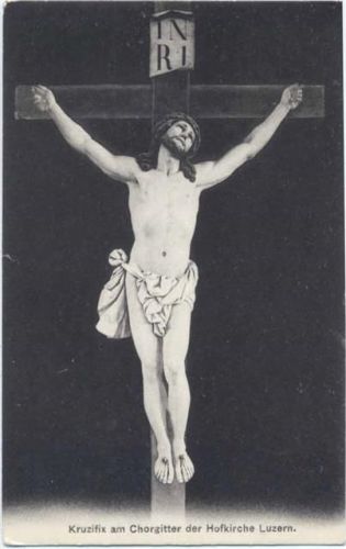 um 1920/30 Schweiz, Kanton Luzern, Luzern, -Kruzufix am Chorgitter der Hofkirche Luzern-, Jesus am Kreuz, Religion,Ant. Achermann