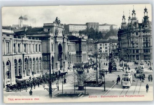 Zürich Lifaßsäule, Bahnhofplatz, Bahnhof, Straßenbahn, Polytechnikum, Kutsche
