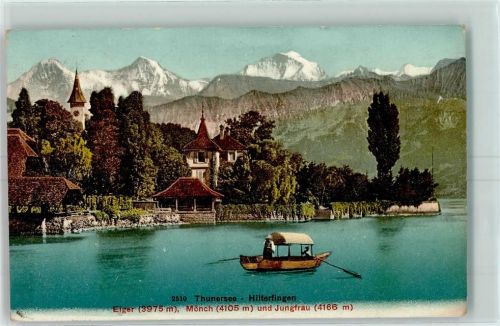 Hilterfingen 1908 Thunersee Eiger Mönch und Jungfrau Fischer Boot