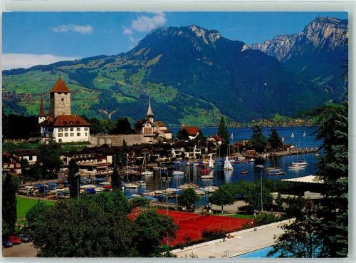 Spiez 1988 am Thurnersee Schloss und Schlosskirche Sigriswilergrat und Niederhorn Segelboote Oldtimer