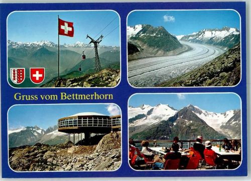 Bettmeralp mit Gondelbahn und Bergrestaurant Bettmerhorn und Grossem Aletschgletscher