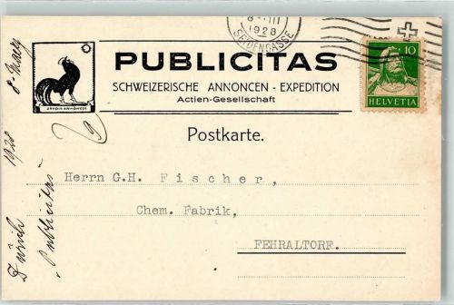 Fehraltorf 1928 Bestätigung Zahlungsüberweisung GH Fischer Publicitas