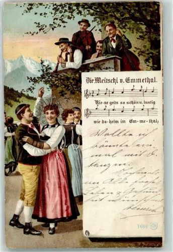 1905 Trachtenpaar beim Tanz Lied s Meitschi vom Emmental Ort lt. Stempel