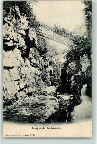 Bözingen 1906 Gorges du Taubenloch Eisenbahn auf der Brücke