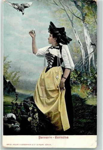 Bern 1909 Trachtenmädchen füttert Taube
