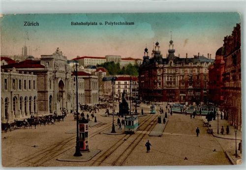 Zürich 1912 Bahnhofplatz Straßenbahnen Pferdekutschen