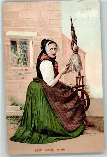 1911 Glarner Trachtenfrau am Spinnrad