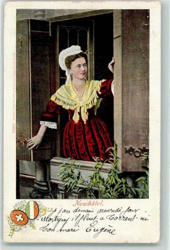 1902 Neuenburger Trachtenfrau am Fenster