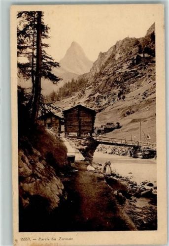 Zermatt 1910 Holzhaus Brücke Frau