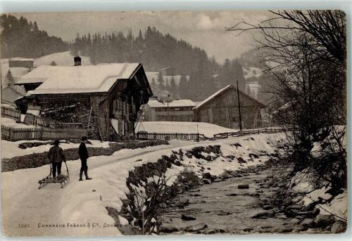 Caux 1912 Spaziergang mit Schlitten im Schnee