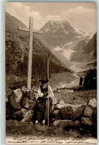 Leukerbad 1911 Bauersfrau unter dem Kreuz sitzend Ort lt. Stempel