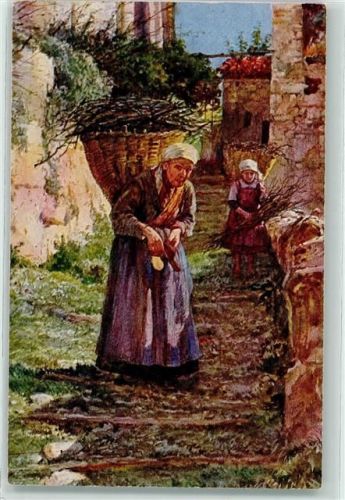 Gandria Alte Frau mit Holztragkorb und Kind