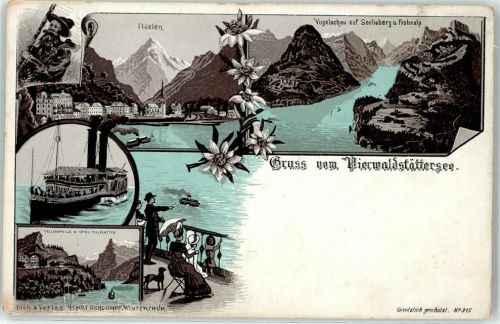 6440 Vierwaldstättersee Lithographie / Künstlerkarte Vogelschau Dampfer