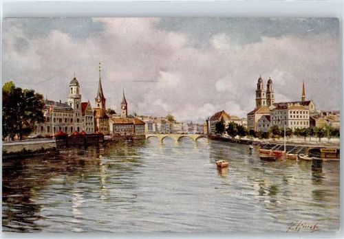 8000 Zürich - An der Limmat, Blick zum Großmünster