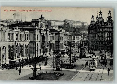 Zürich Bahnhofplatz und Polytechnikum Trambahnen Pferdekutschen
