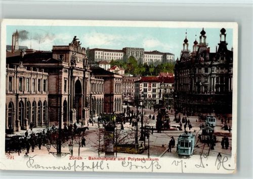 Zürich 1905 Bahnhofplatz und Polytechnikum Trambahnen