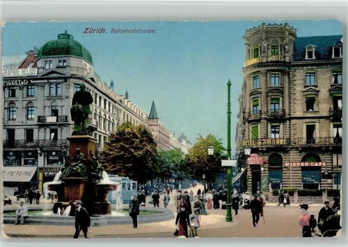 Zürich 1909 Bahnhofstrasse Brunnen Tram