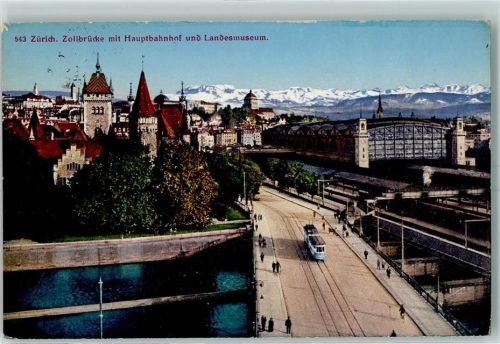 Zürich Zollbrücke mit Hauptbahnhof und Landesmuseum Straßenbahn